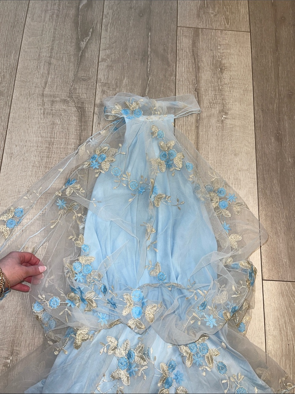 NWOT Light Blue Mock Neck Floral Mini Dress Embellished Appliqué XS - Picture 3 of 9